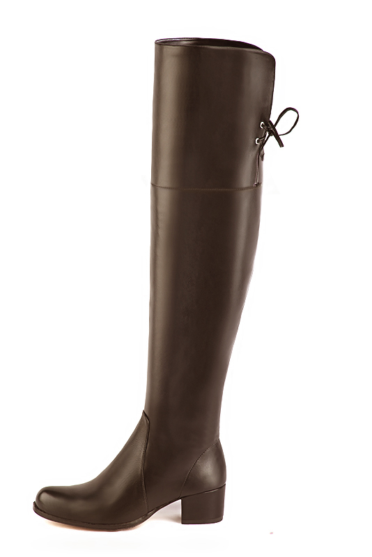 Dark brown women's leather thigh-high boots. Round toe. Low leather soles. Made to measure. Profile view - Florence KOOIJMAN